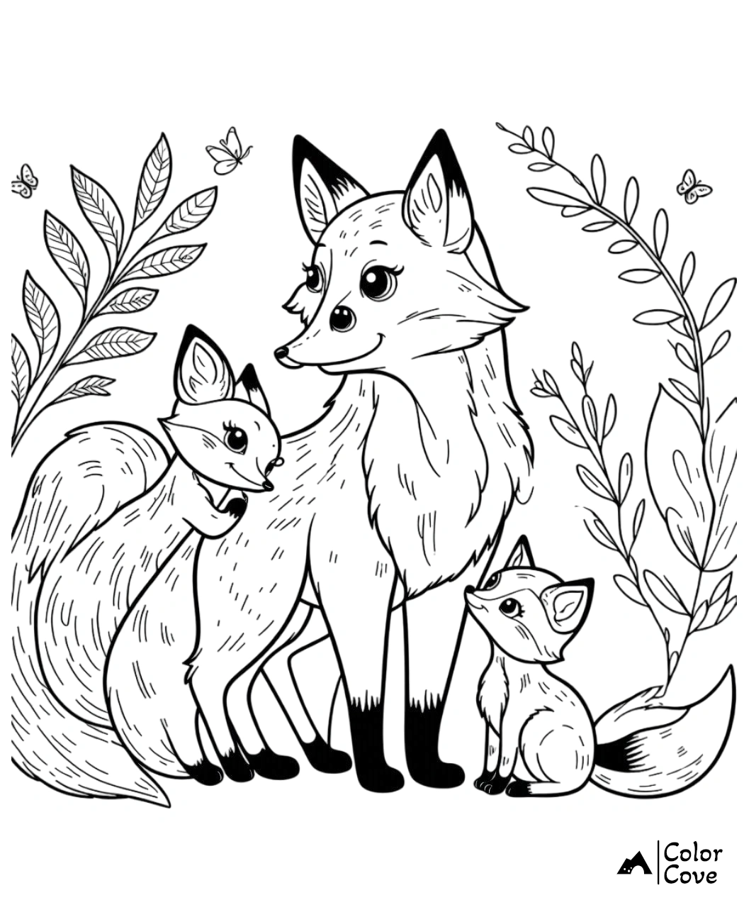 a black and white drawing of a fox and a baby fox