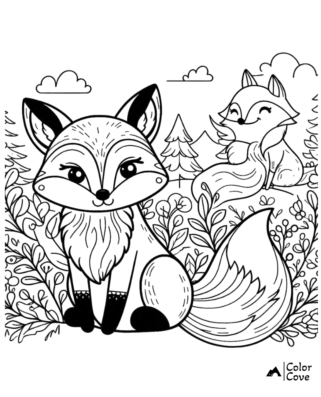 a black and white drawing of a fox