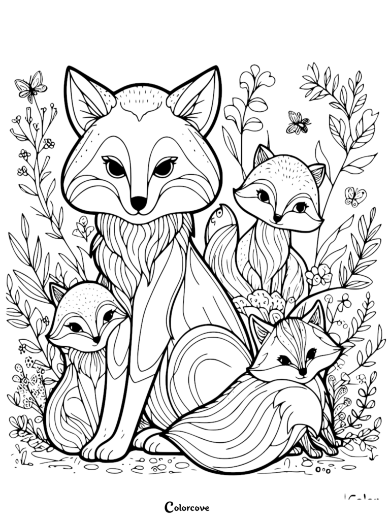 Une mère renard avec deux renardeaux assis parmi des fleurs sauvages et des papillons dans cette page de coloriage détaillée sur le thème de la nature.