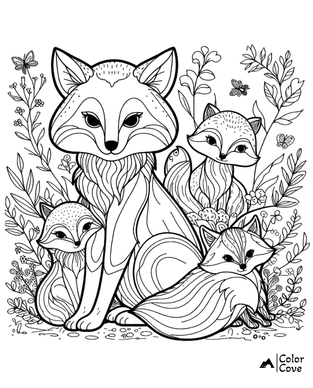 Fox family coloring page with intricate floral patterns, featuring a mother fox and three kits among flowers and butterflies.