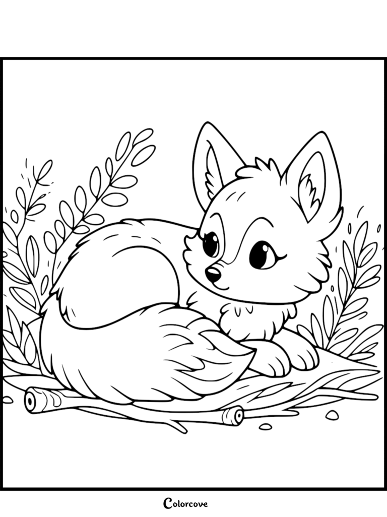 Un renard mignon en bulle sur une bûche en bois entourée de branches feuillues dans une page de coloriage au trait.