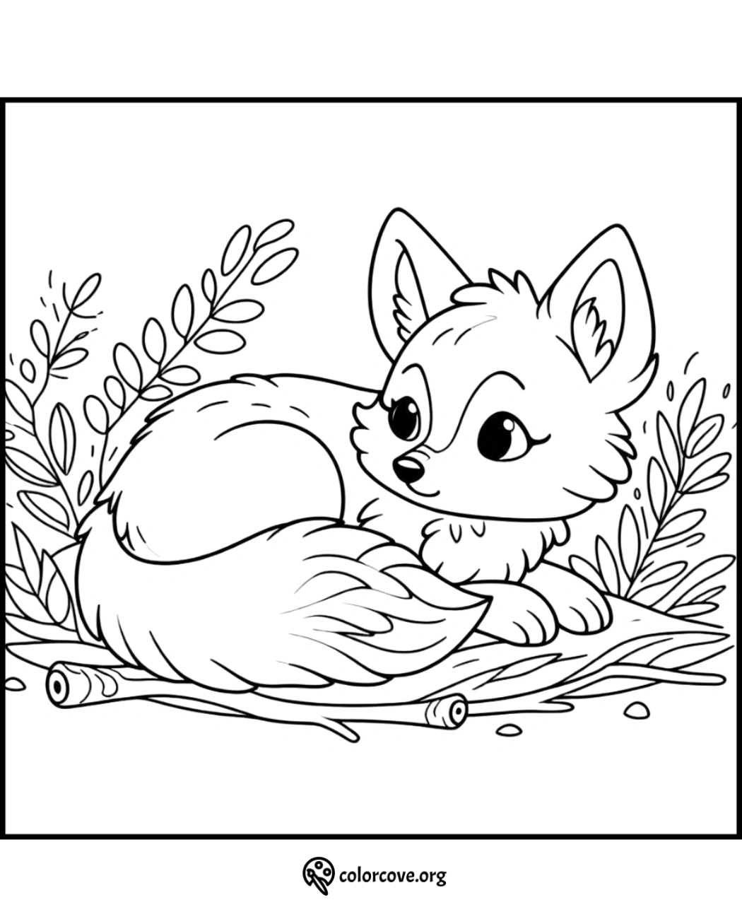 Cute fox coloring page - a detailed illustration of a fox lying down among leaves and branches, perfect for kids to color.