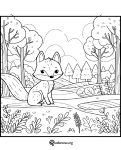 Coloring page featuring a cute fox sitting in a forest with trees and bushes in the background.