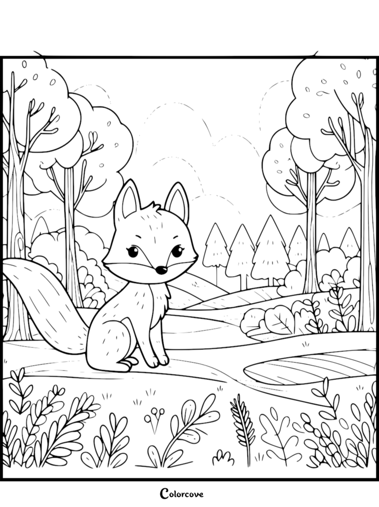 Un mignon renard assis dans un environnement forestier luxuriant, avec des arbres, des buissons et un petit étang sur cette page de coloriage à imprimer.