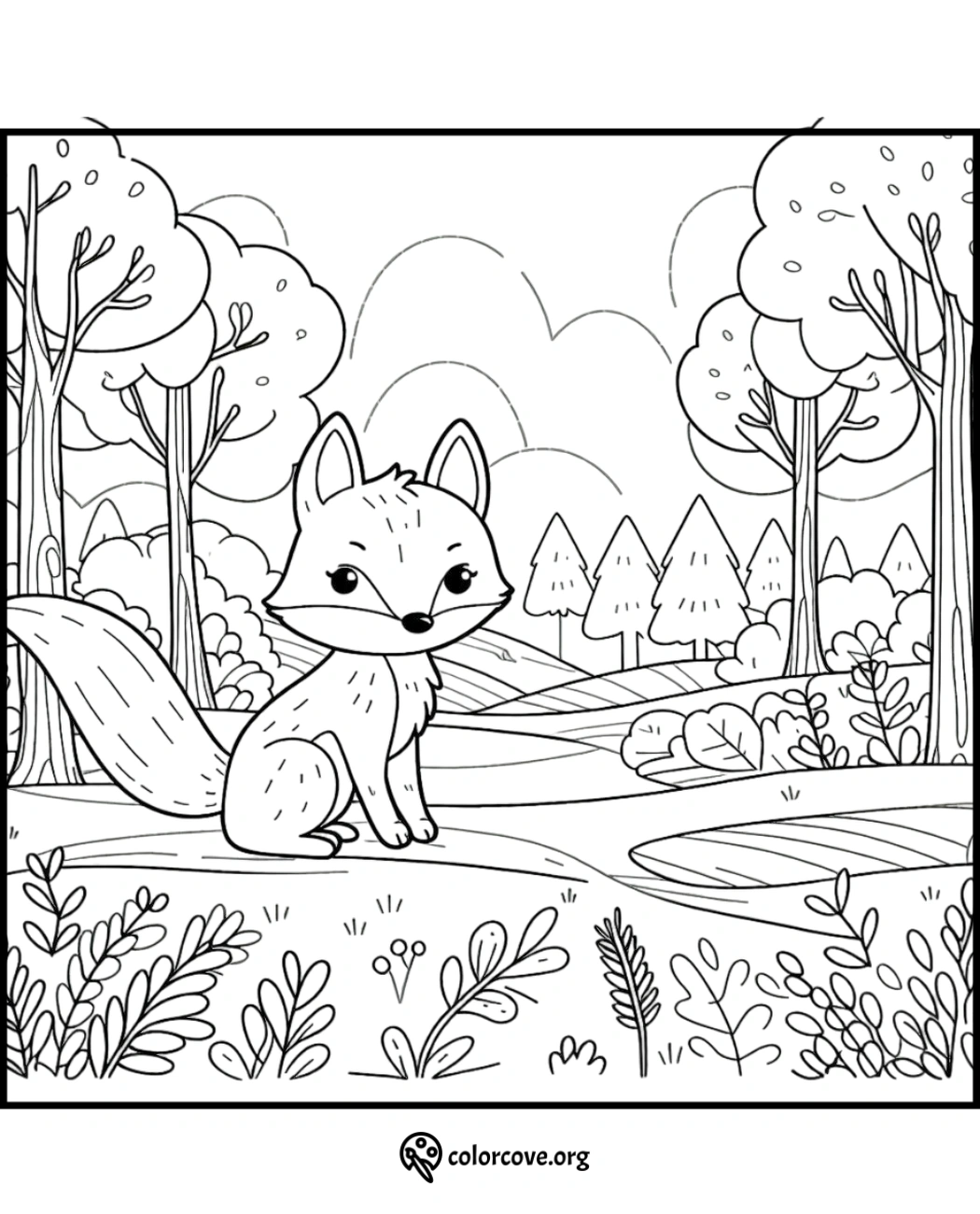 Coloring page featuring a cute fox sitting in a forest with trees and bushes in the background.