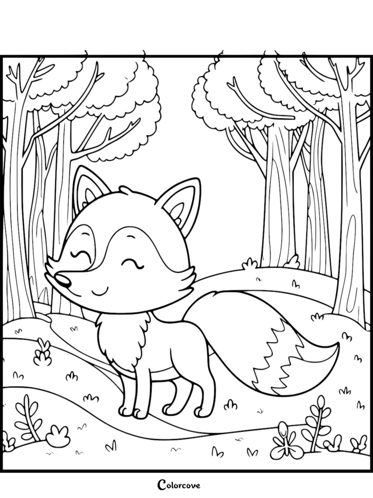 Un mignon renard souriant avec une queue duveteuse debout dans une clairière forestière, page de coloriage au trait.