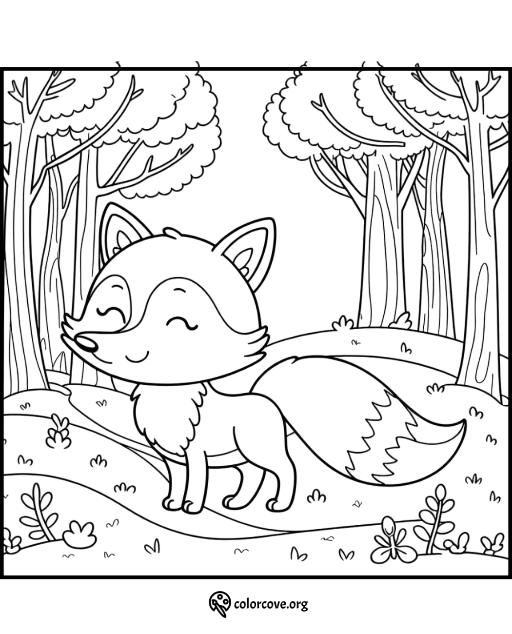 A cute fox in a forest, coloring page for kids with trees and plants. Printable wildlife coloring sheet from colorcove.org.