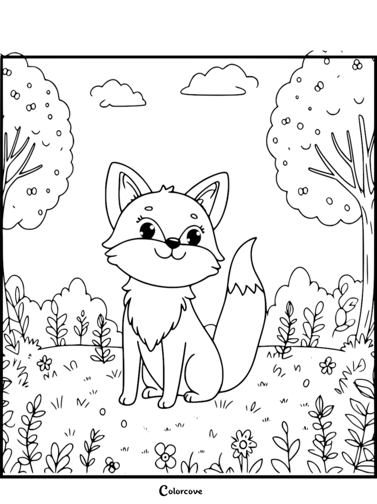 Un renard chibi amical aux grands yeux assis dans une prairie fleurie ensoleillée entourée d'arbres, page de coloriage en noir et blanc.