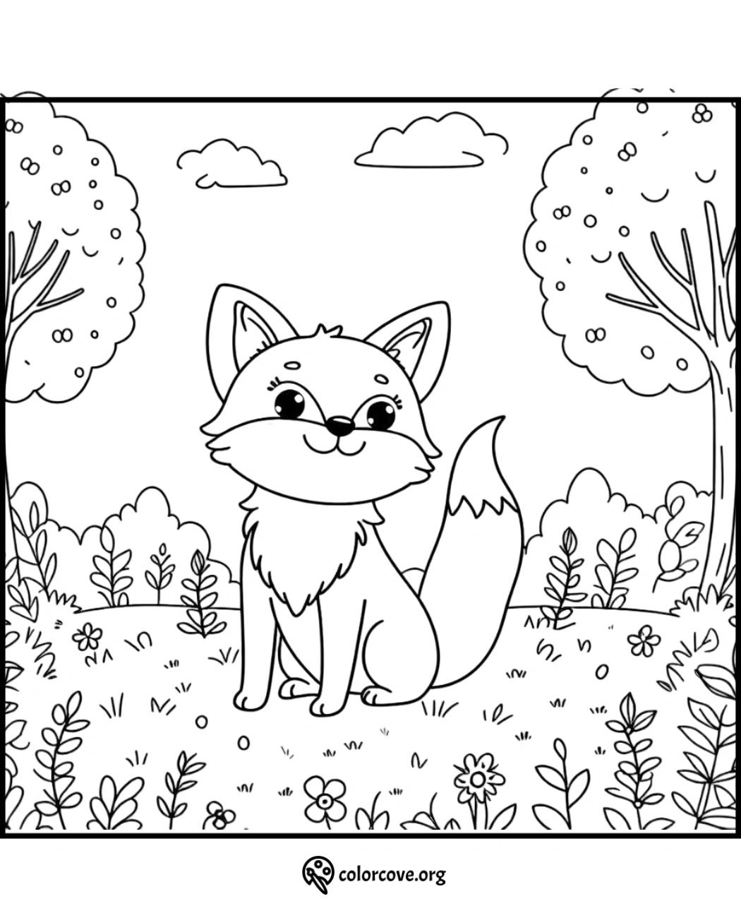 Cute fox sitting in a forest scene coloring page with trees, flowers, and clouds. Perfect for kids' coloring activities.