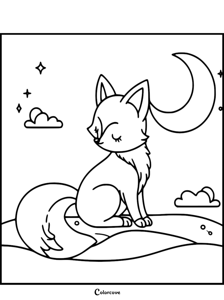 Page de coloriage au trait simple représentant un adorable renard assis les yeux fermés sous un croissant de lune et des étoiles.