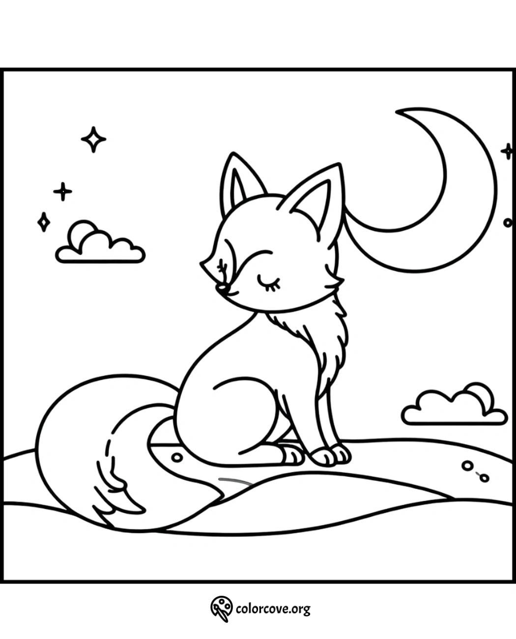 Cute fox coloring page with a crescent moon and stars in the night sky. Perfect for kids who love animal-themed activities.