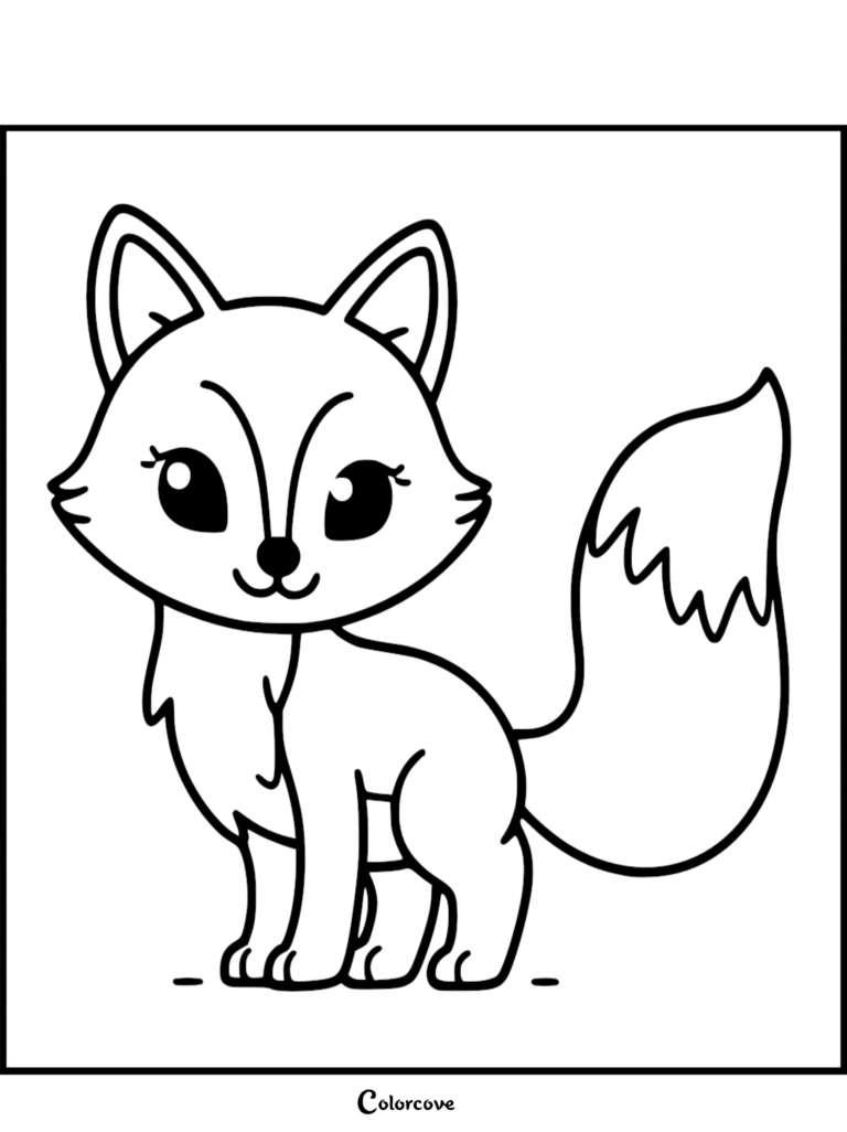 Une page de coloriage au trait d'un renard mignon avec de grands yeux expressifs et une queue touffue dressée vers le haut.