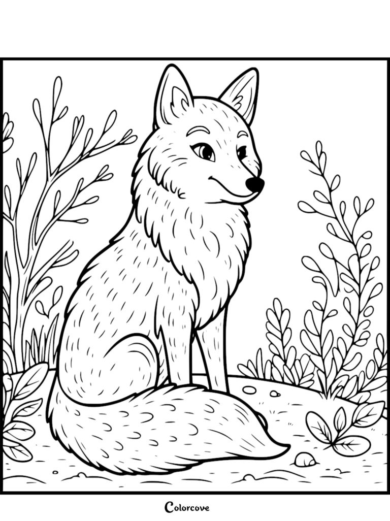 Un renard amical et mignon assis dans une clairière forestière, page de coloriage à imprimer présentant des textures de fourrure détaillées et des plantes des bois environnantes.