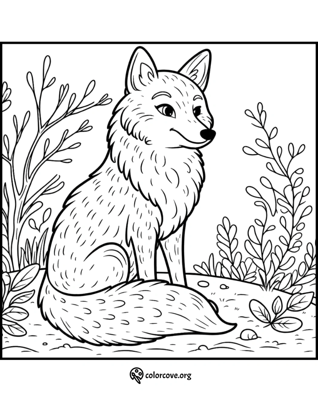 Fox coloring page with intricate details, featuring a fox sitting in a natural setting with plants and foliage.