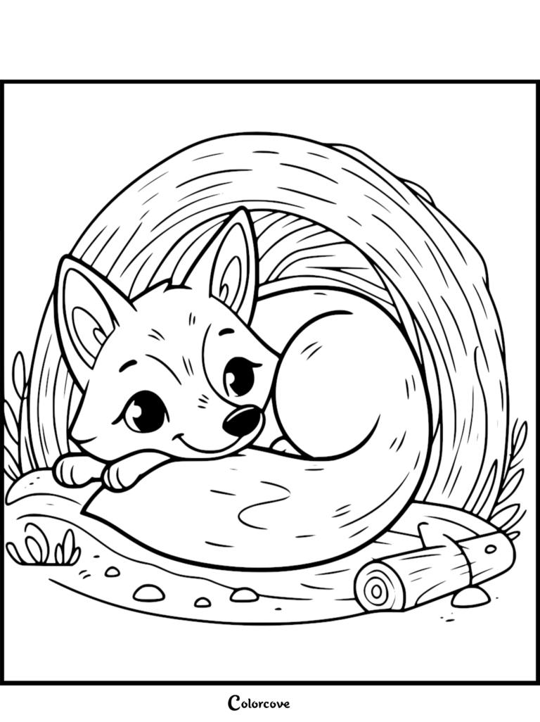Un renard mignon en bulle à l'intérieur d'une bûche creuse pour cette page de coloriage à imprimer