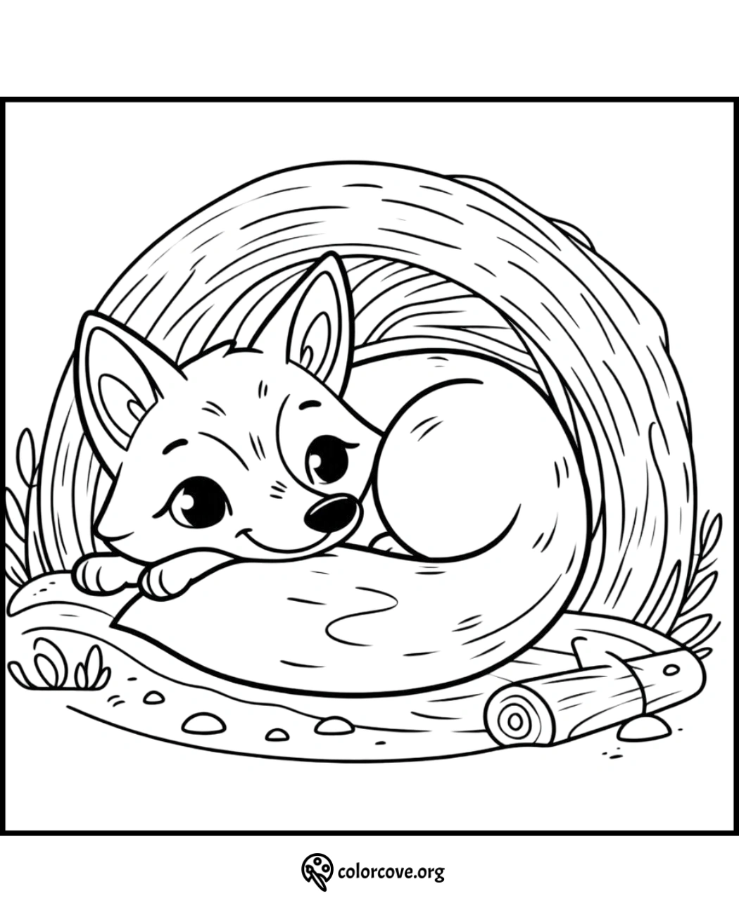 Coloring page of an adorable fox curled up in its cozy den, perfect for kids and adults to color and enjoy.