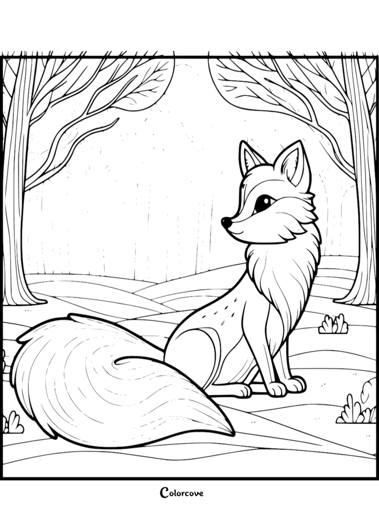 Un mignon renard assis dans une clairière boisée sur cette page de coloriage à imprimer aux contours épais.