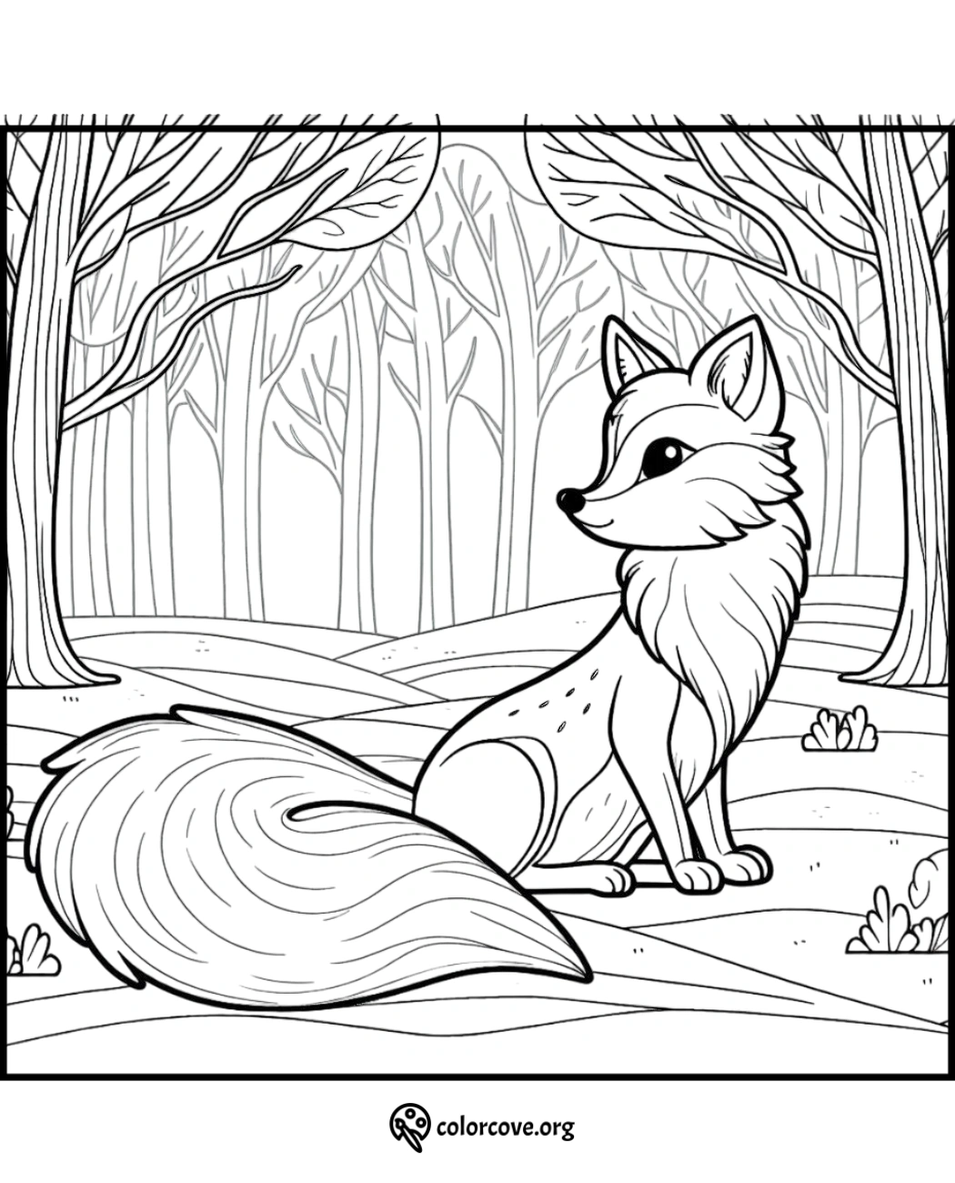 Fox in a forest coloring page with intricate trees and bushes, perfect for kids and adults to color and relax.