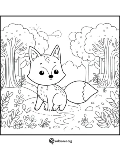 Cute fox coloring page with forest background, ideal for kids. Illustrated by colorcove.org. Download and print for free today!