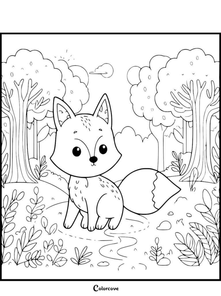 Un mignon renard assis dans une clairière de la forêt sur cette page de coloriage à imprimer, entouré de grands arbres feuillus et de buissons simples.