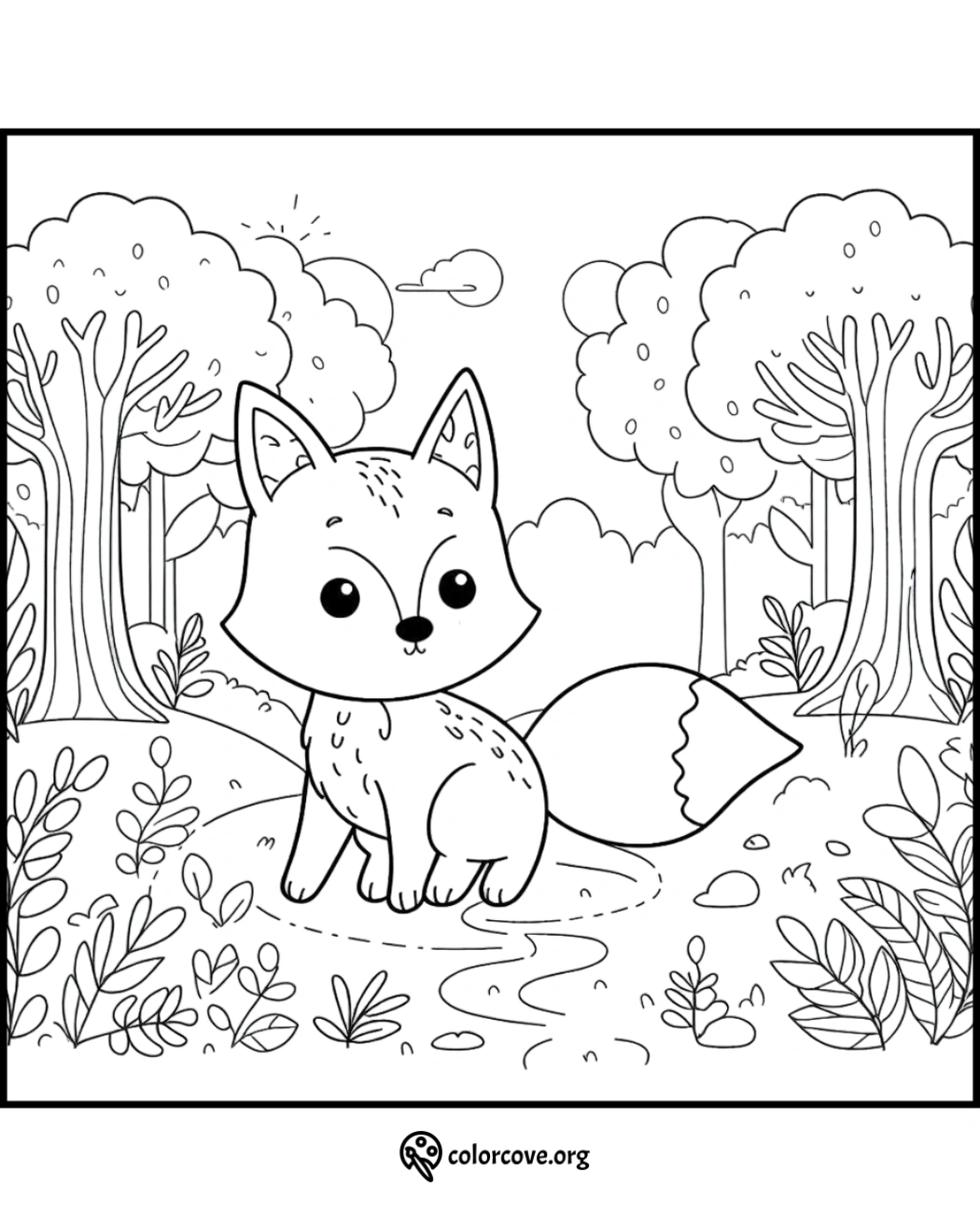 Cute fox coloring page with forest background, ideal for kids. Illustrated by colorcove.org. Download and print for free today!