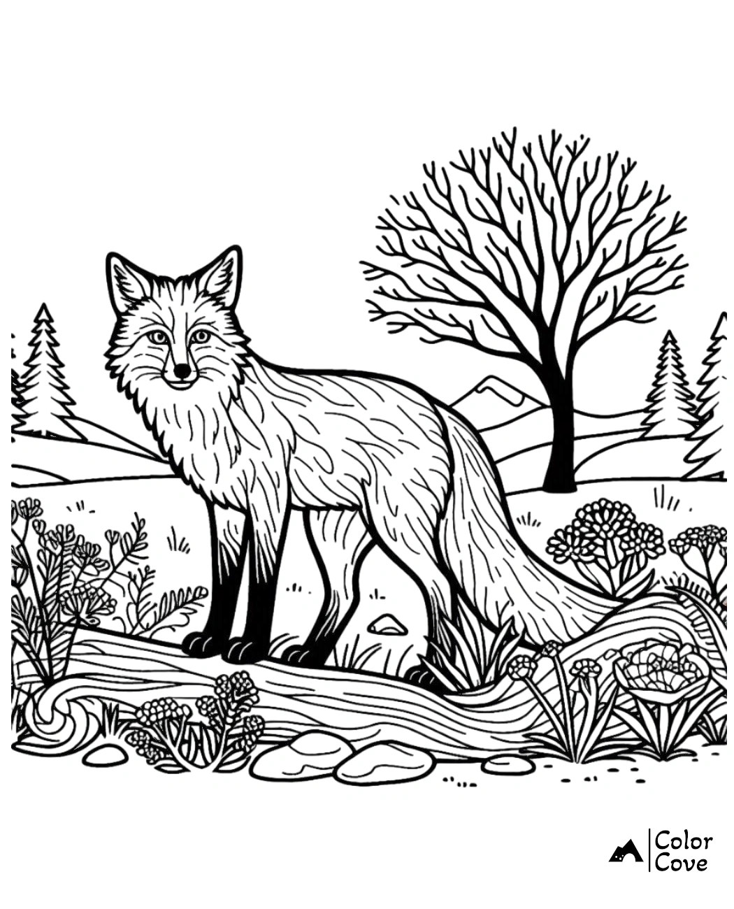 a black and white drawing of a fox on a log