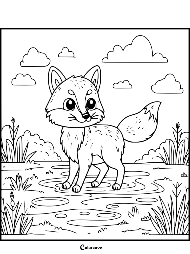 Page de coloriage d'un mignon renard debout dans une flaque d'eau peu profonde en plein air, avec des champs herbeux, de grands roseaux et des nuages vaporeux en arrière-plan.