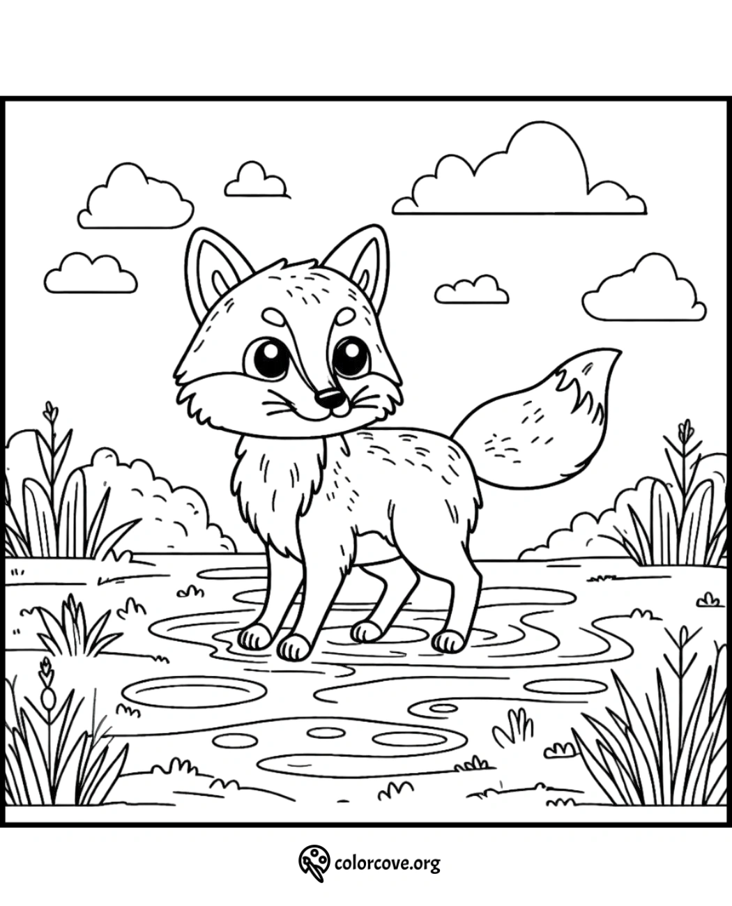 Cute fox coloring page for kids featuring a playful fox by a pond with clouds and nature background.