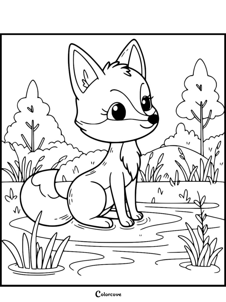 Un mignon renard aux grands yeux expressifs assis dans une mare forestière peu profonde, entouré de touffes d'herbe, de buissons et d'arbres stylisés, présenté comme une page de coloriage claire aux traits noirs et blancs.