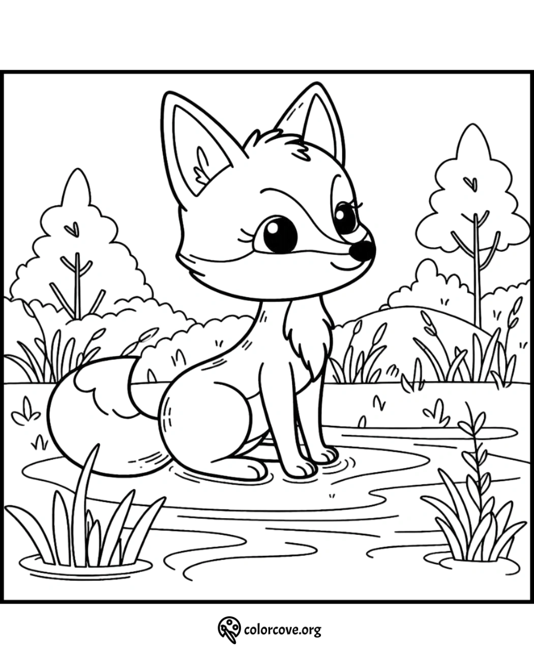 Cute fox coloring page for kids, featuring a sitting fox in a nature scene with trees and grass. Perfect for fun coloring!