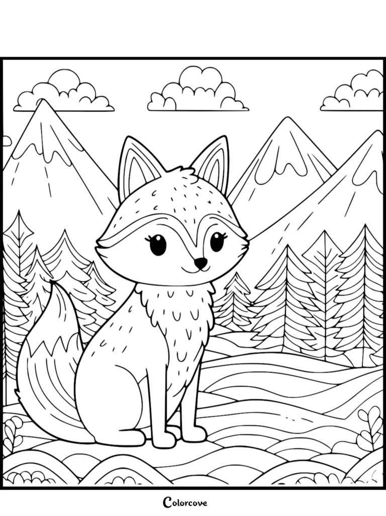 Un adorable renard assis dans une forêt avec des pics de montagnes enneigés et des nuages duveteux en arrière-plan, page de coloriage de style contour.