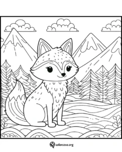 Cute fox coloring page with mountains and forest background for kids to color. Fun and educational activity.