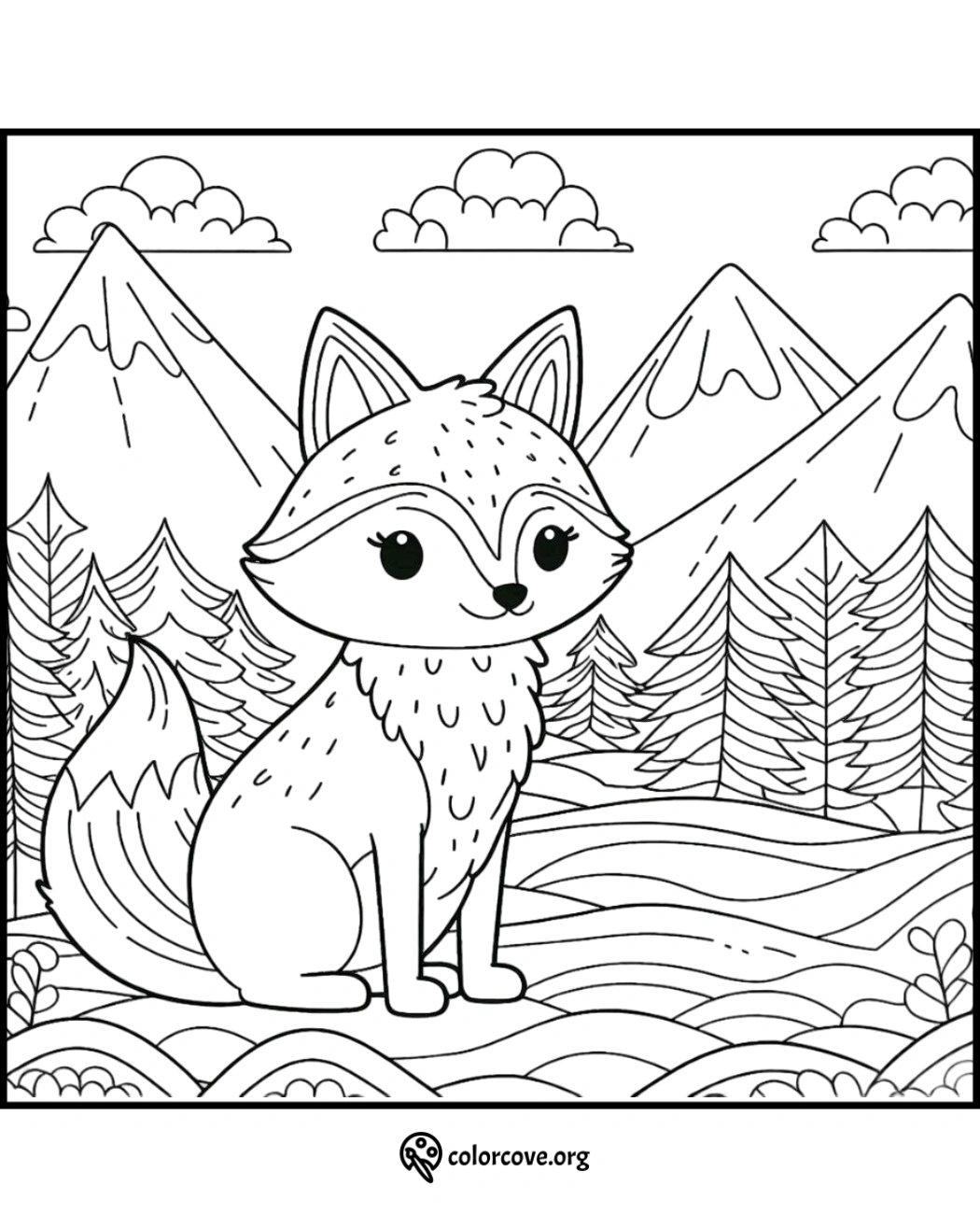 Cute fox coloring page with mountains and forest background for kids to color. Fun and educational activity.