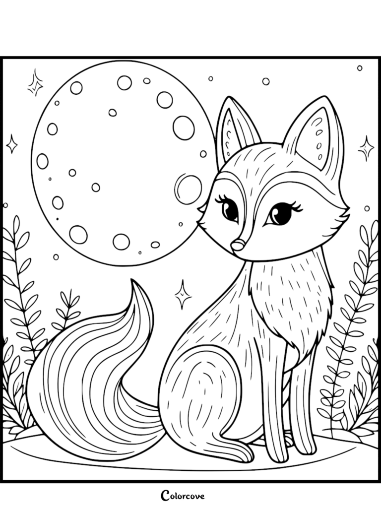 Page de coloriage au trait numérique représentant un adorable renard assis parmi de hautes herbes sous une pleine lune cratérisée dans une scène nocturne étoilée.