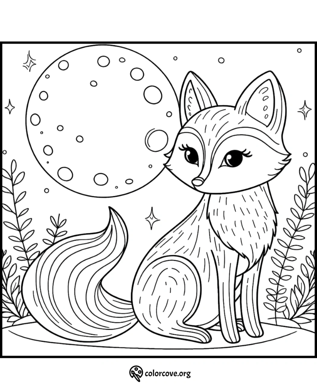 Coloring page of a cute fox with a bushy tail sitting under a starry night sky with a full moon and leafy plants in the background.