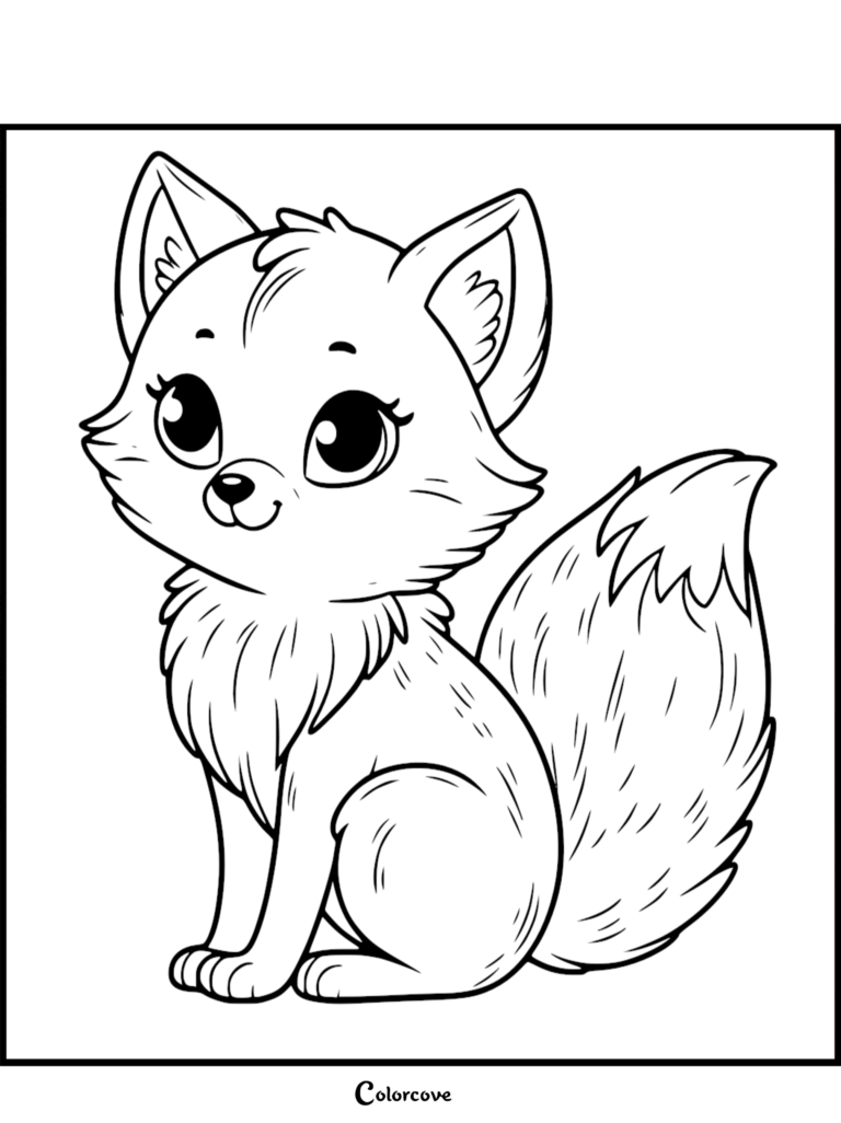 Un doux renard de dessin animé duveteux assis dans cette page de coloriage à imprimer avec de grands yeux expressifs et une queue touffue.