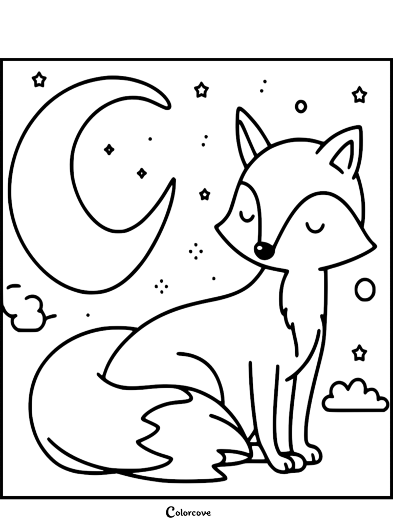 Page de coloriage représentant un adorable renard assis paisiblement les yeux fermés sous un croissant de lune et un ciel étoilé.