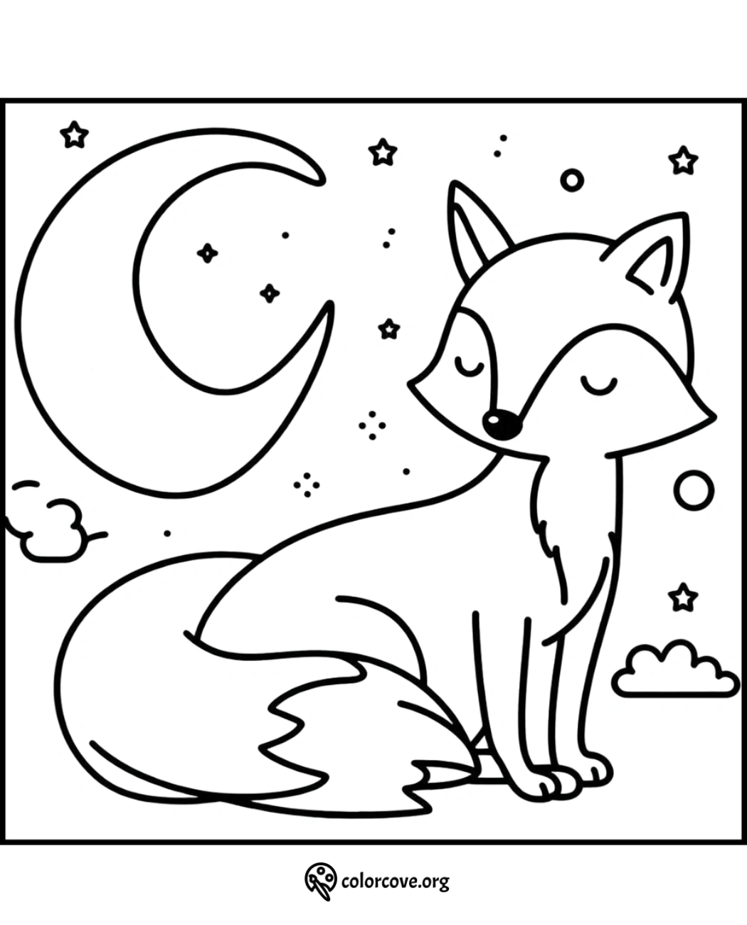 Cute fox and moon coloring page for kids with stars and clouds in the night sky background. Printable for children's activities.