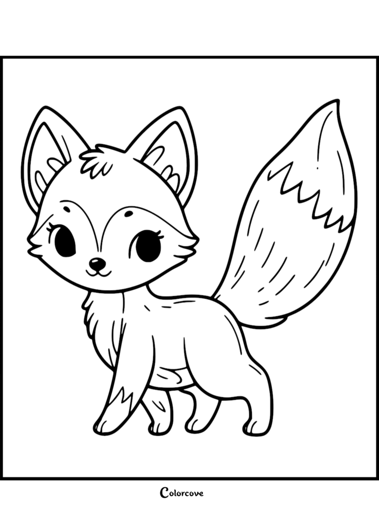 Un doux renard mignon de style chibi avec de grands yeux expressifs et une queue touffue, dessiné avec des lignes noires simples pour une page de coloriage à imprimer.