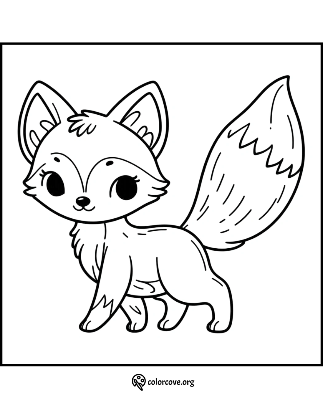 Cute fox coloring page for kids, featuring a cartoon-style fox with big eyes and a fluffy tail.#coloringpage #fox