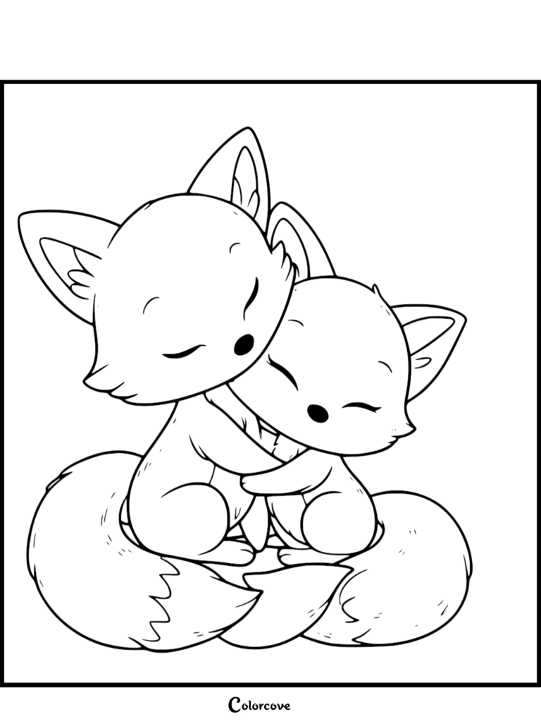 Deux adorables renards aux yeux fermés partageant un câlin chaleureux et affectueux dans cette page de coloriage détaillée en noir et blanc.
