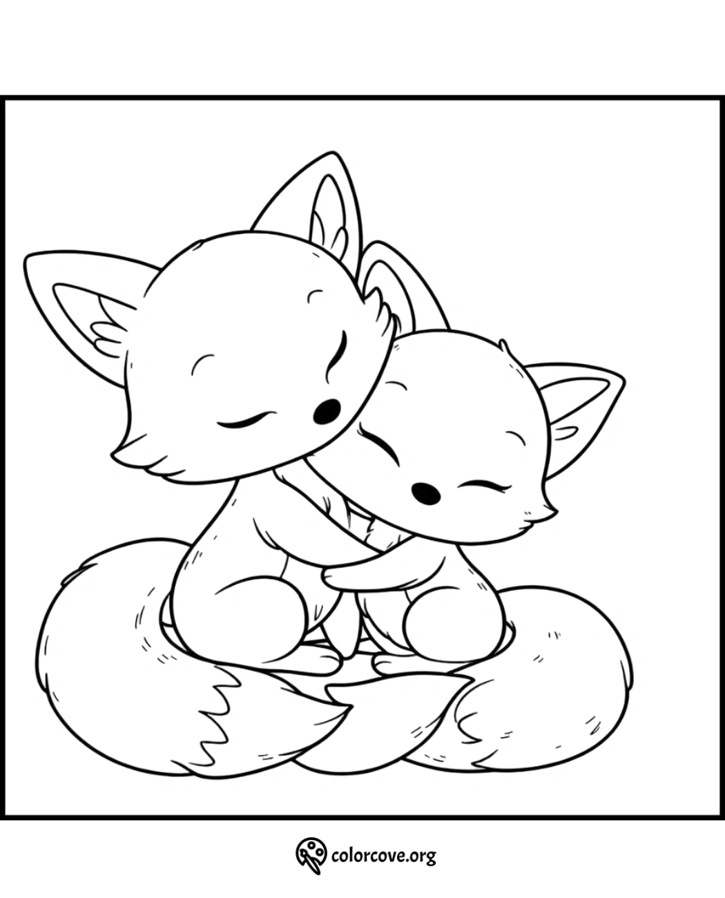 Coloring page with two cute foxes hugging with closed eyes. Perfect for kids and adults to color and enjoy the moment.