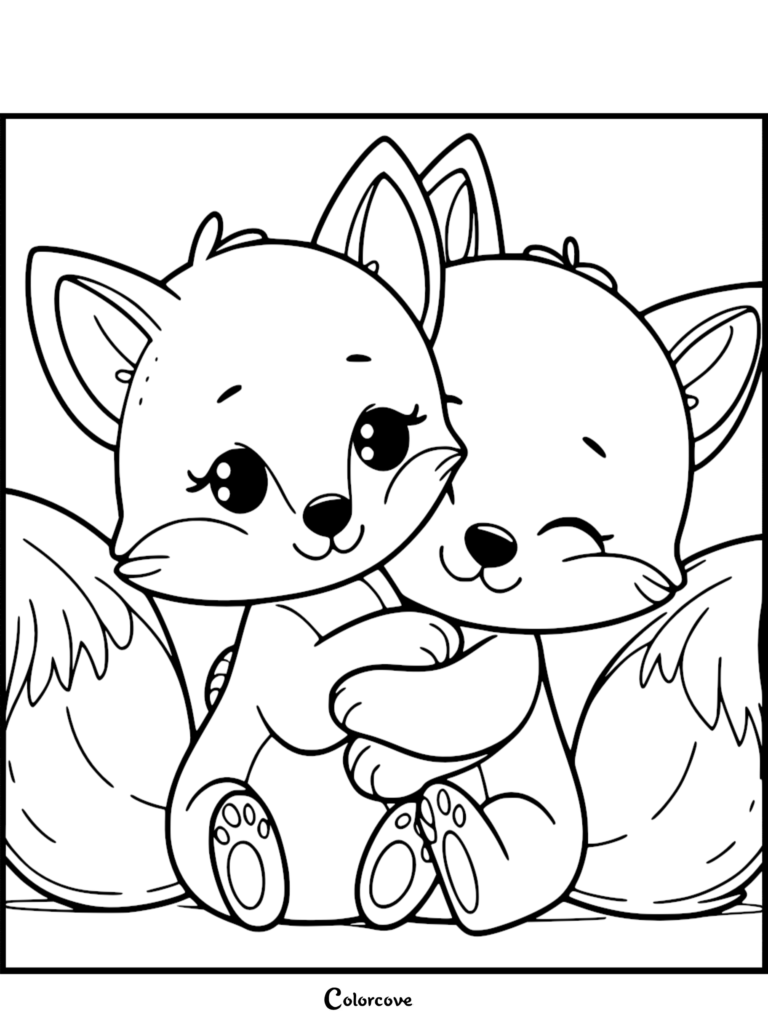 Page de coloriage à imprimer représentant deux renards mignons aux grands yeux expressifs partageant un câlin chaleureux et affectueux.