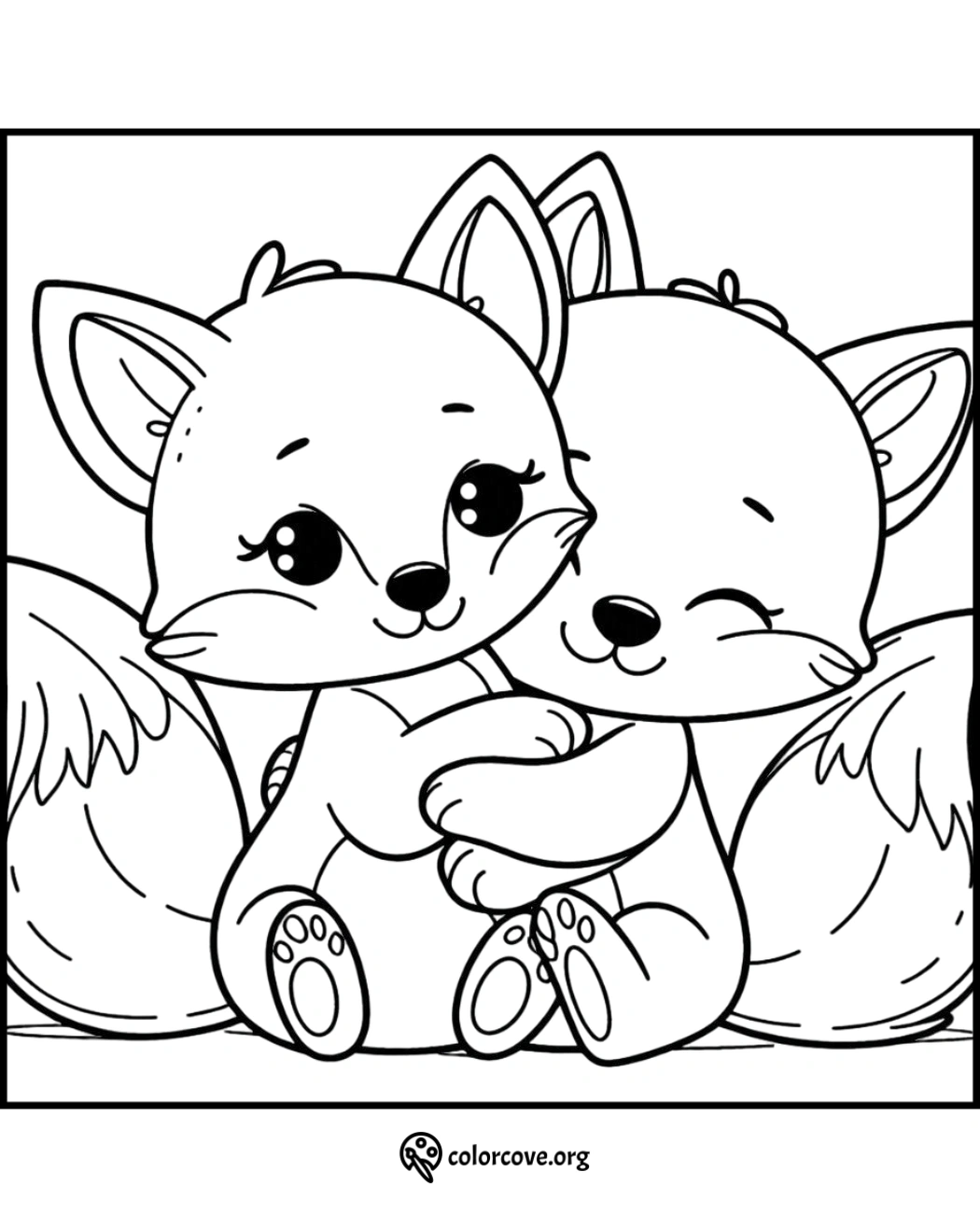 Adorable fox couple hugs coloring page for kids, cute animal coloring sheet, printable art from colorcove.org