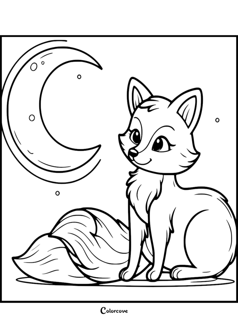 Une page de coloriage à imprimer représentant un mignon renard avec une queue duveteuse assis sous un grand croissant de lune la nuit.