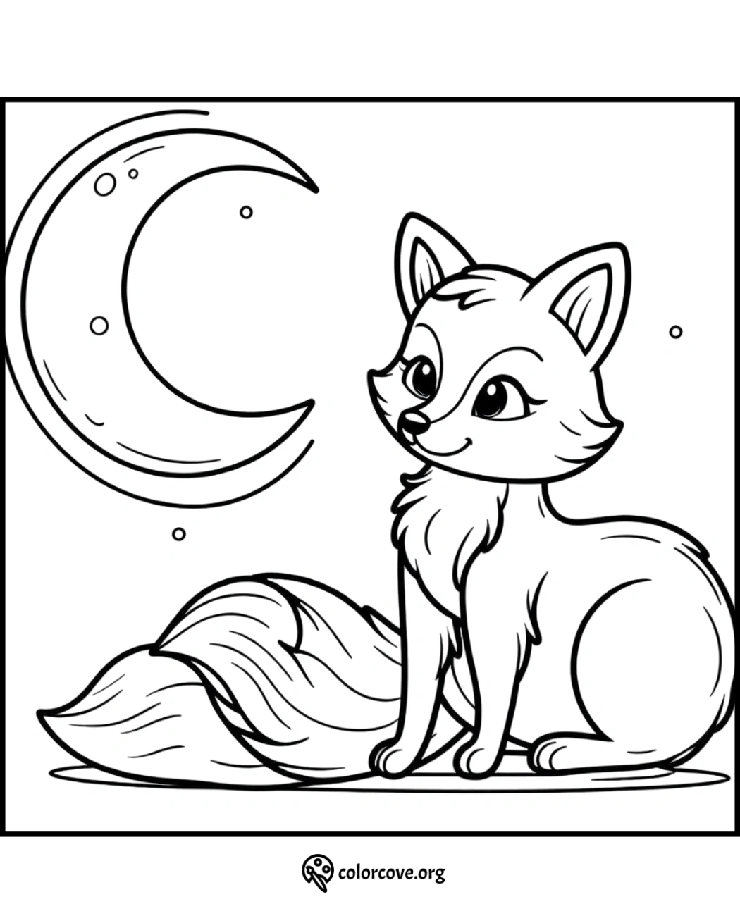 Cute fox under crescent moon coloring page for kids. Printable night scene with smiling fox and stars.