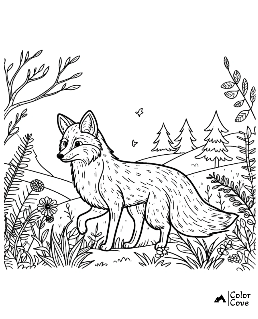 a black and white drawing of a fox