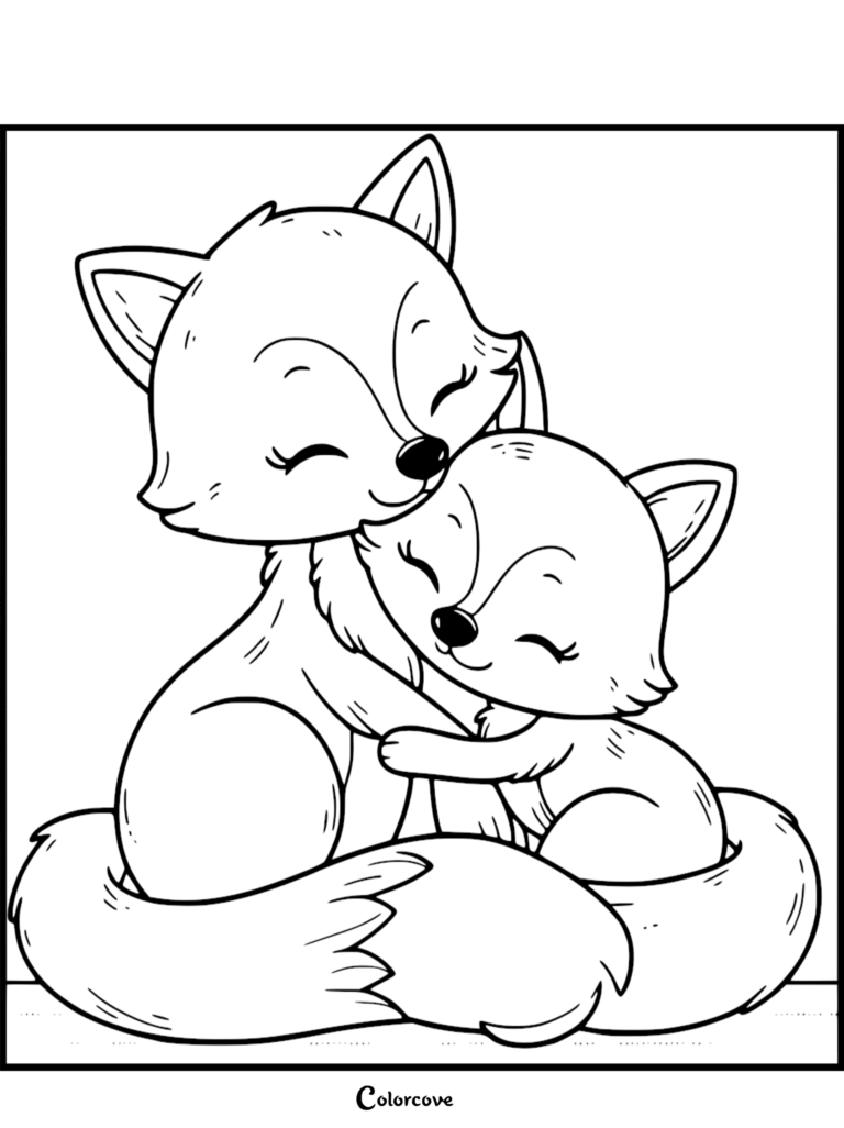Adorable page de coloriage au trait représentant une mère renard serrant tendre son renardeau dans ses bras avec leurs queues enroulées ensemble.