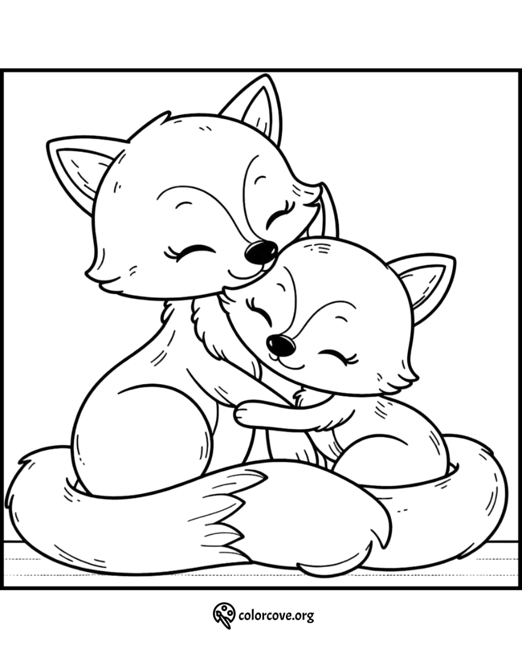 Adorable foxes hugging coloring page for kids. Free printable fox coloring sheet for children.