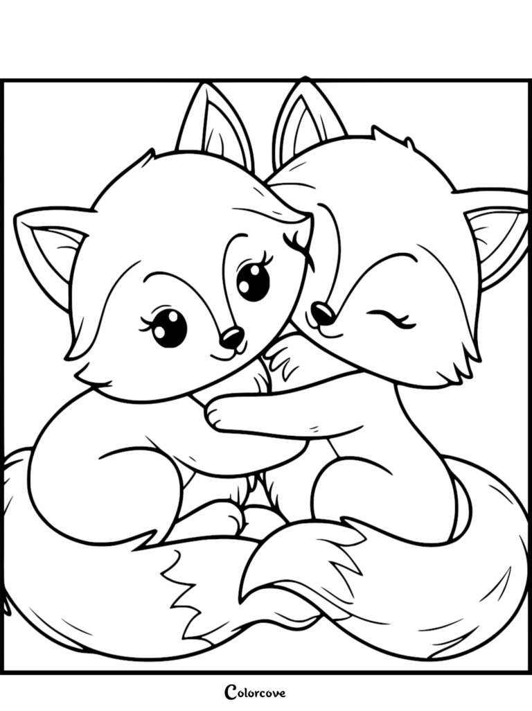 Page de coloriage d'un adorable renard présentant deux adorables renardeaux aux grands yeux se faisant un câlin, avec des contours épais et des queues touffues.